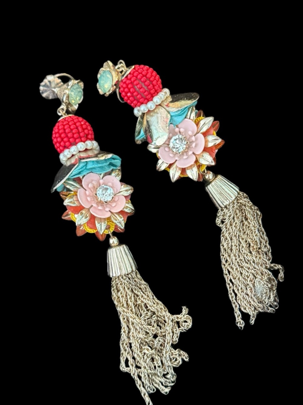 Boston Proper Pink & Turquoise Floral Bead Tassel Drop Earrings - Gold Tone
